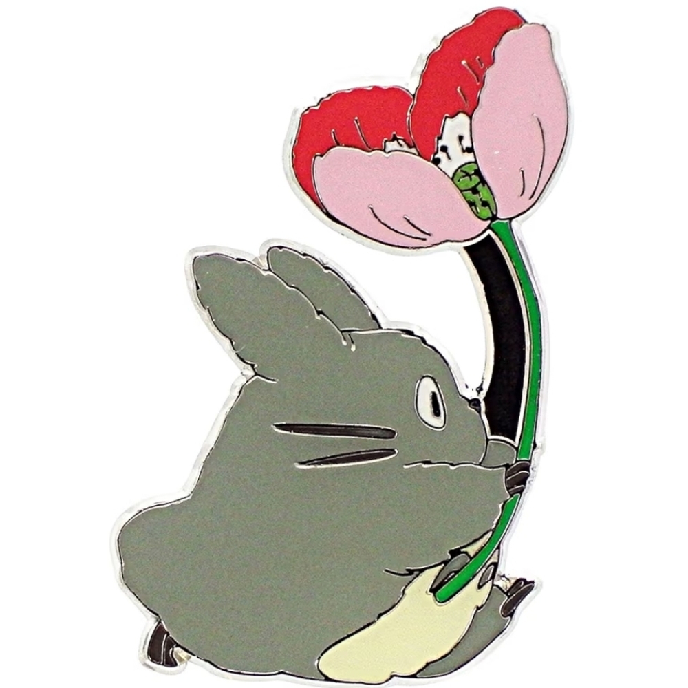 Studio Ghibli-Inspired Grey Totoro Fridge Magnet with Pink Flower